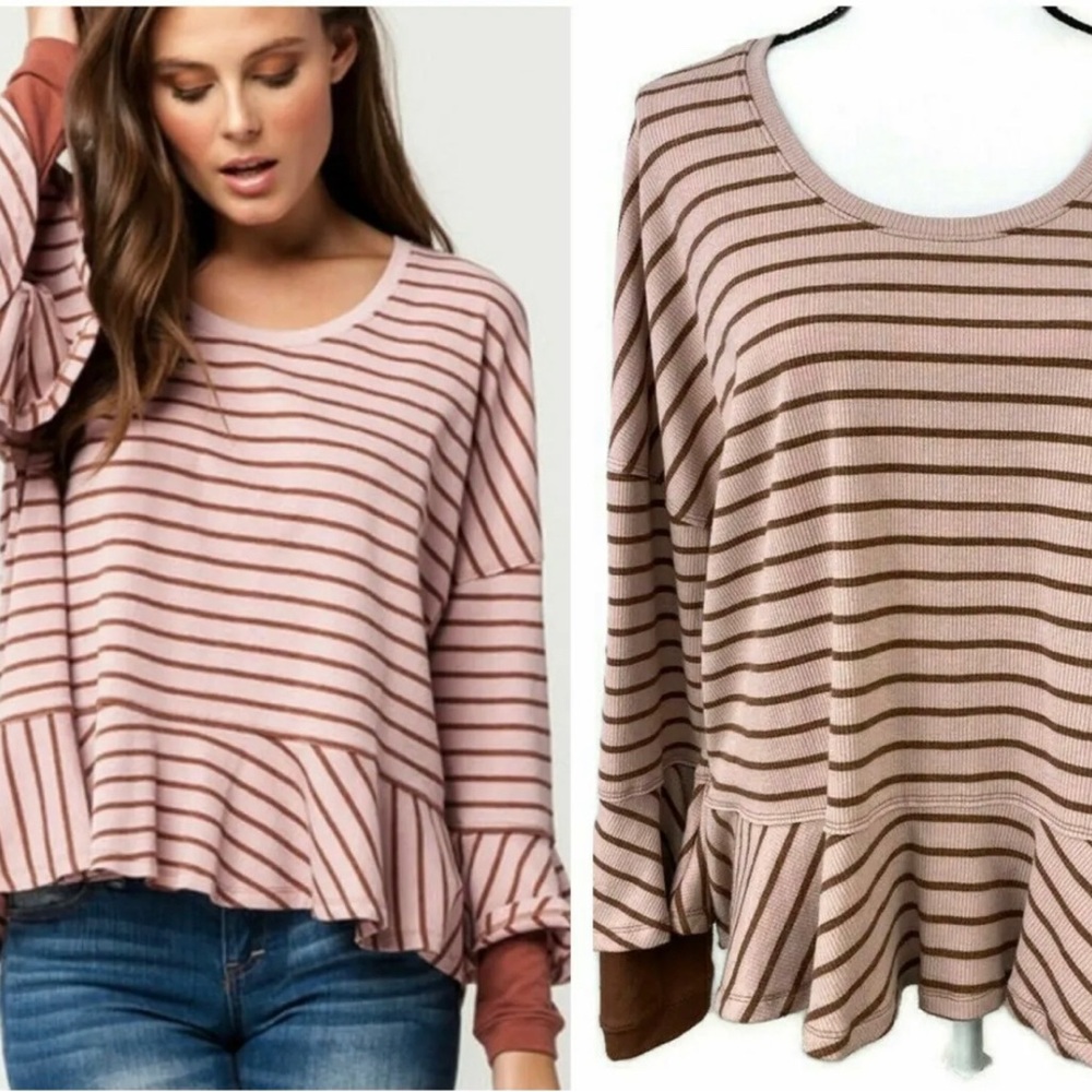 Free People Womens Medium Pink Brown Striped Long Sleeve Round About Top